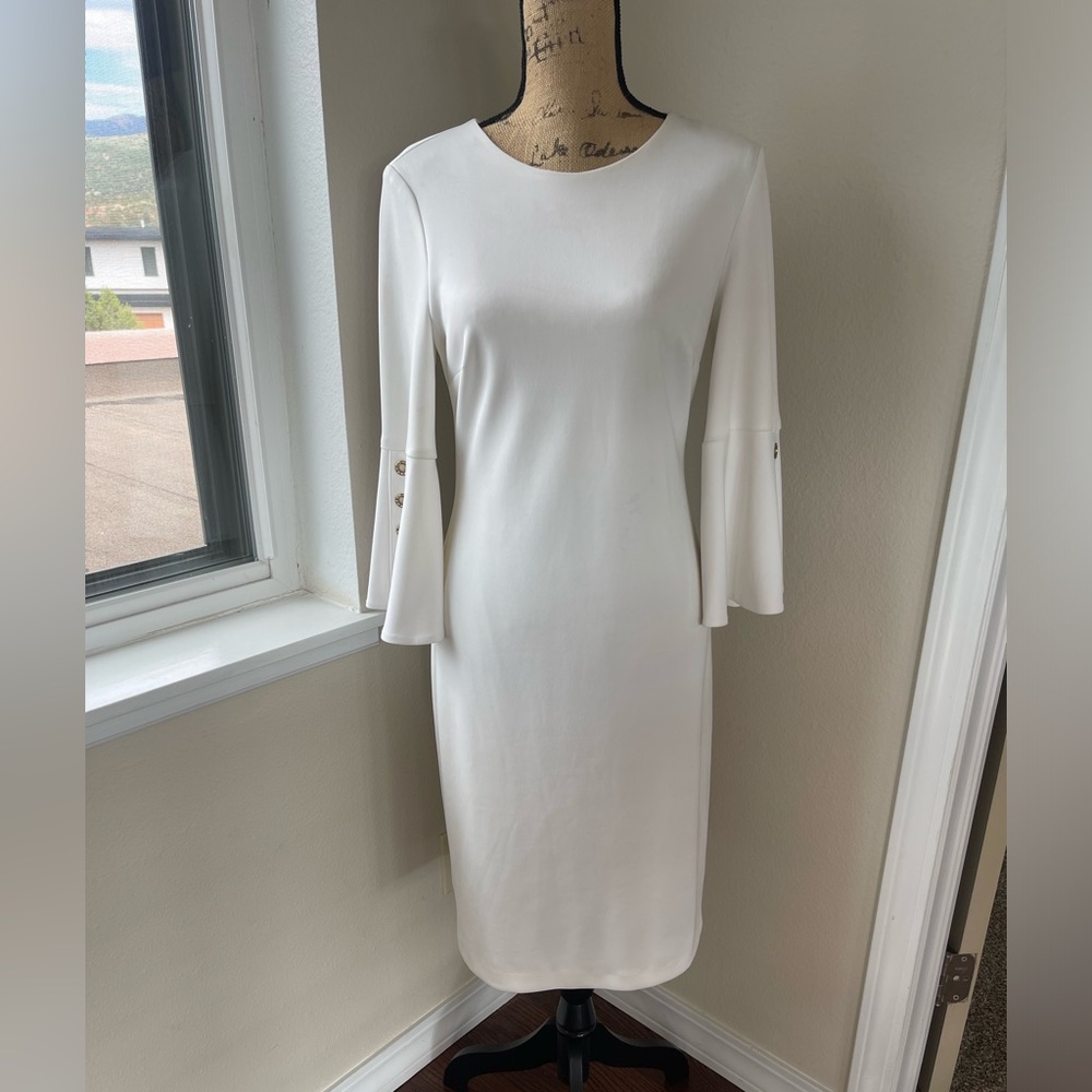 Joseph Ribkoff Dress white with rhinestone and gold grommets on bell sleeves 8.